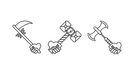 Two-way warrior ax in the air, shield and Reaper blade icon set. Shield-sword in hand special collection linear icon set. Download creative war encounter related vector. White background.