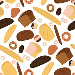 Texture background with different types of bread. Ciabatta, French baguette, buns and long loaf. Seamless pattern with bakery products.