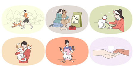 Fototapeta premium Set of pet owners play with cats and dogs show love t little human friends. Collection of diverse people take care of domestic animals. Veterinary and grooming service. Flat vector illustration.