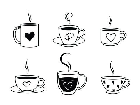 Set of cups of coffee. Collection of stylized coffee cups with heart. Vector illustration of hot drinks. Logotype for coffee house.