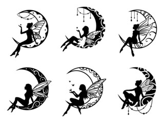 Set of ethnic crescents with fairies. Collection of moon with mandala. Design for painting with henna. Vector illustration of a cosmic body with fairy-tale characters.