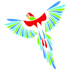 Bright silhouette of a parrot, drawn on a white isolated background. Flat style. Tattoo, logo for a company, travel agency, emblem for the design of clothes, dishes, album, paper, talisman, keychain