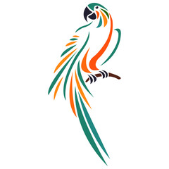 Bright silhouette of a parrot on a branch drawn with different lines.Design for a tattoo, a logo for a company, a travel agency, an emblem for decorating clothes, dishes, a talisman, a keychain.Vector