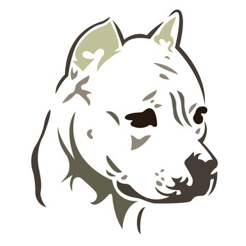 Silhouette of the muzzle of a dog of the Pitbull breed in brown, drawn with lines of various widths. Design for a logo, tattoo, mascot, emblem, keychain, print on clothes. Vector isolated illustration