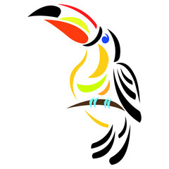 Tropical toucan bird on a branch, colorful silhouette drawn with curved lines on a white isolated background. Tattoo, logo, emblem for the design of clothes, dishes, stickers, paper, postcards. Vector