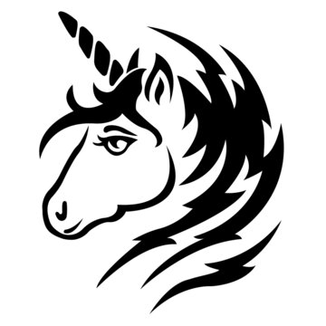 The silhouette of the muzzle is a unicorn, painted in black, drawn with lines and zigzags. Logo of the mythical animal unicorn. Vector isolated illustration