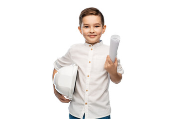 building, construction and profession concept - smiling little boy with helmet and blueprint over white background