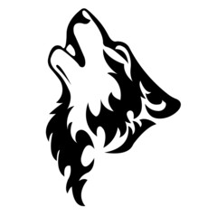 The silhouette, the contour of the muzzle of a howling wolf in black on a white background are drawn with various lines. Animal wolf head logo. Vector isolated illustration