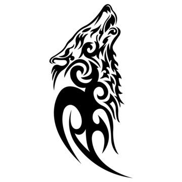 The silhouette, the contour of the muzzle of a howling wolf in black on a white background are drawn with various lines. Animal wolf head logo. Vector isolated illustration