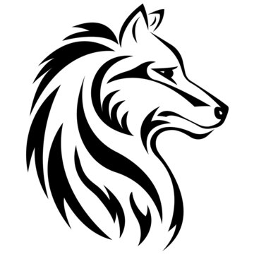 The silhouette, the contour of the muzzle of the wolf in black on a white background are drawn with various lines. Animal wolf head logo. Vector isolated illustration