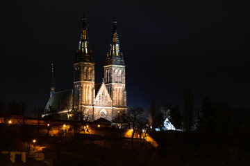 Fototapeta na wymiar Prague at night, Basilica of Saints Peter and Paul in Vysehrad, cityscape