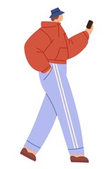 Person walking with mobile phone in hands. Young man using smartphone on the go. Guy strolling with cellphone, surfing internet, social media. Flat  illustration isolated on white background