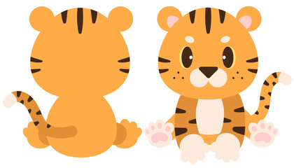 Obraz na płótnie Canvas The character of cute tiger front and back in flat vector style illustration about tiger Premium Vector