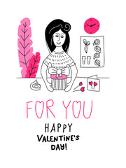 Wrapping pleasant surprise. Young girl seller wrapper and decorates a gift. Doodle Card with Lettering For You Happy Valentines Day. Love poster and postcard. Hand drawn line art vector illustration.