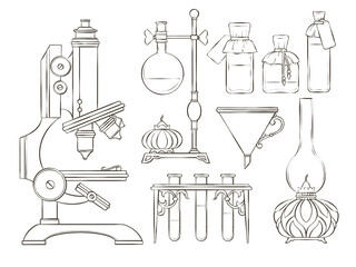 Hand drawn coloring page of vintage chemistry objects