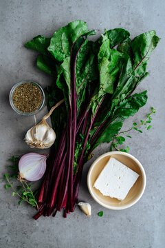 Assorted ingredients for beetroot pie