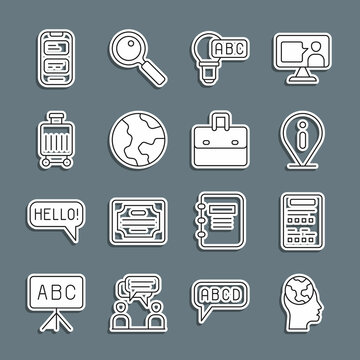 Set line Learning foreign languages, Exam sheet, Information, Creative lamp light idea, Earth globe, Suitcase, Online translator and Briefcase icon. Vector