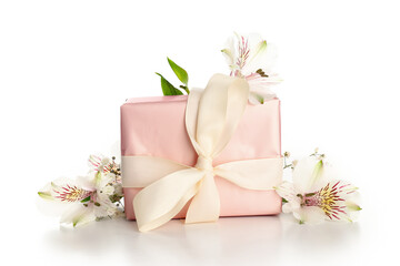 Fototapeta na wymiar Gift box and flowers isolated on white background