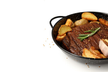 Concept of tasty food with beef steak on white background