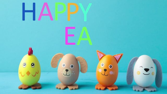 Easter eggs on a blue background with inscription Happy Easter. Stop motion animation of Easter.
