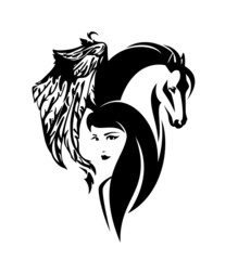 beautiful woman with long hair and magic pegasus winged horse head - girl and animal spirit black and white vector outline portrait