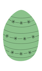 Green easter egg with ornaments. Simple bright egg shape with flowers and curves. Easter themed element for egg hunt