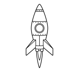 Rocket flying up into space. Icon, coloring book. Vector isolated illustration on white background, black and white line art