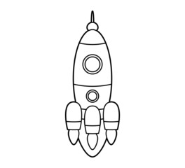 Rocket flying up into space. Icon, coloring book. Vector isolated illustration on white background, black and white line art