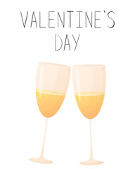 Postcard champagne in cartoon style. Vector illustration Two wine glasses. Valentine's Day. Valentine's Day. Poster.
