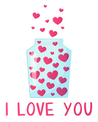 Postcard for February 14 in cartoon style. Cute vector illustration of a heart in a jar. Valentine's Day. Celebration. Love
