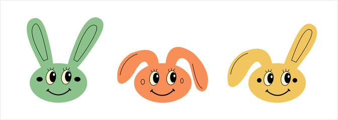 Set of 3 cute easter bunnies smiling for kids party. Happy rabbit head isolated for poster or invitation. Long ears up