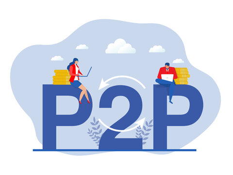 P2P or Peer to peer payments. Two Business interacting with each other. Cryptocurrency virtual transaction. Vector illustration.