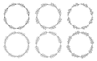 Set of hand drawn doodle round floral wreaths frames. Flower line and leaf circle frames design elements for wedding, mothers day, birthday, invitations.