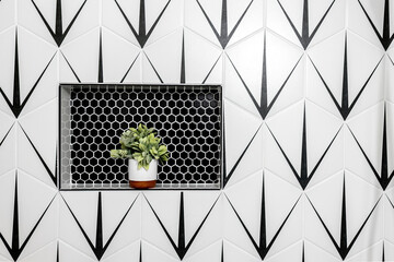 Modern bathroom white tub, walnut vanity, matte black faucets, white walls, mid century transitional style