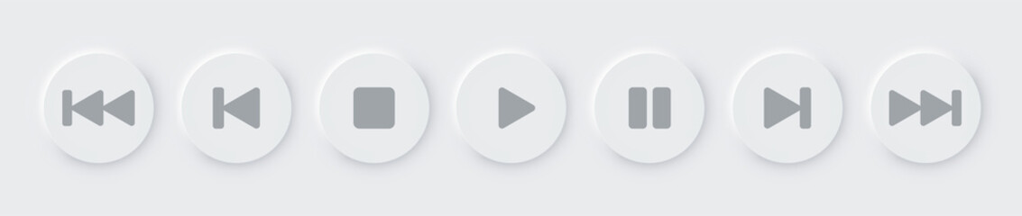 Online Video Media Player UI Neumorphism Light Version Vector Design Elements Set On White Background. UI Components Buttons, Bars, Sliders In Elegant Neumorphic Style For Apps, Websites, Interfaces