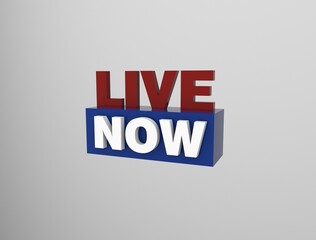 3D written Live NOW. Live viewing online. Start button, watch movie, news, music. Broadcast video, clip, smart tv device on the screen, computer. Volume slider. Vector illustration.