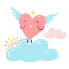 Cute cartoon character heart with wings on blue cloud