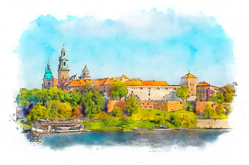 Fototapeta Wawel Castle in Krakow, Poland watercolor sketch illustration, digital art. obraz