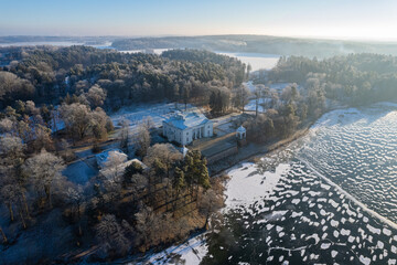 Aerial winter sunny day view of frozen Galve lake in Trakai, Lithuania