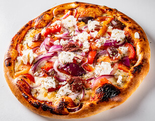vegetarian pizza with Mozzarella cheese, olives, mushrooms, pepper and onion