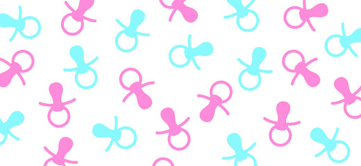 Baby pacifier icon. Baby nipple thin line symbol. Vector flat pattern, baby dummy logo. Baby boy and girl, blue and pink background.