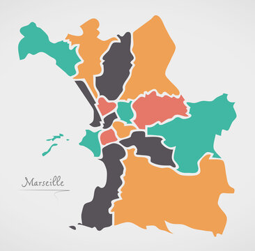 Marseille map with districts and modern round shapes