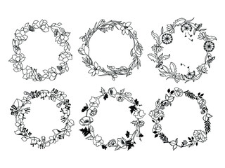 Set of floral frame. Collection of round frames with floral wreaths. Spring plants. Botany. Vector illustration of floral arrangements for a wedding card.