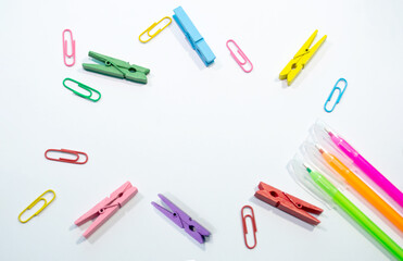Set of colorful paper clips with white copy space background.business creativity concepts.Flat lay design