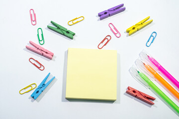 Set of colorful paper clips with white copy space background.business creativity concepts.Flat lay design