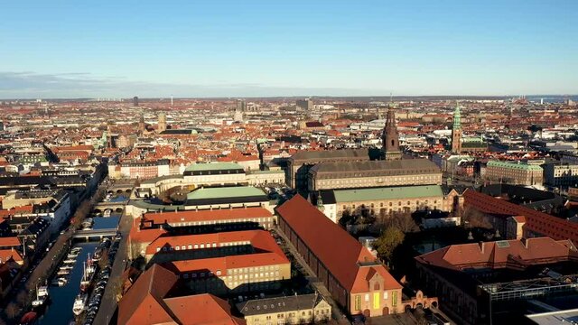 Copenhagen, Denmark - May 07, 2020: Aerial drone view Christiansborg Palace in the city centre