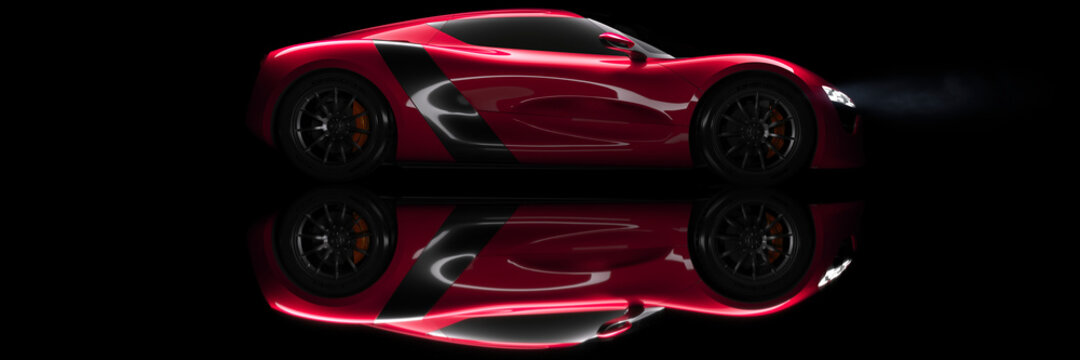 Side profile view of outline of red generic sports car in a dark studio 3d render