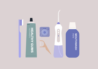 A set of dental hygiene products, a tube of toothpaste, a toothbrush, a dental floss, a flosser, an irrigator, and a mouthwash