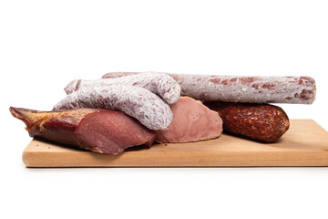 Various of meat, smoked meat, sausage, salami isolated on a white.