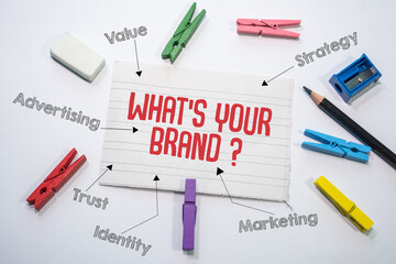 Text sign showing What's Your Brand? Strategy, Marketing, Identity, Trust, Advertising, Value